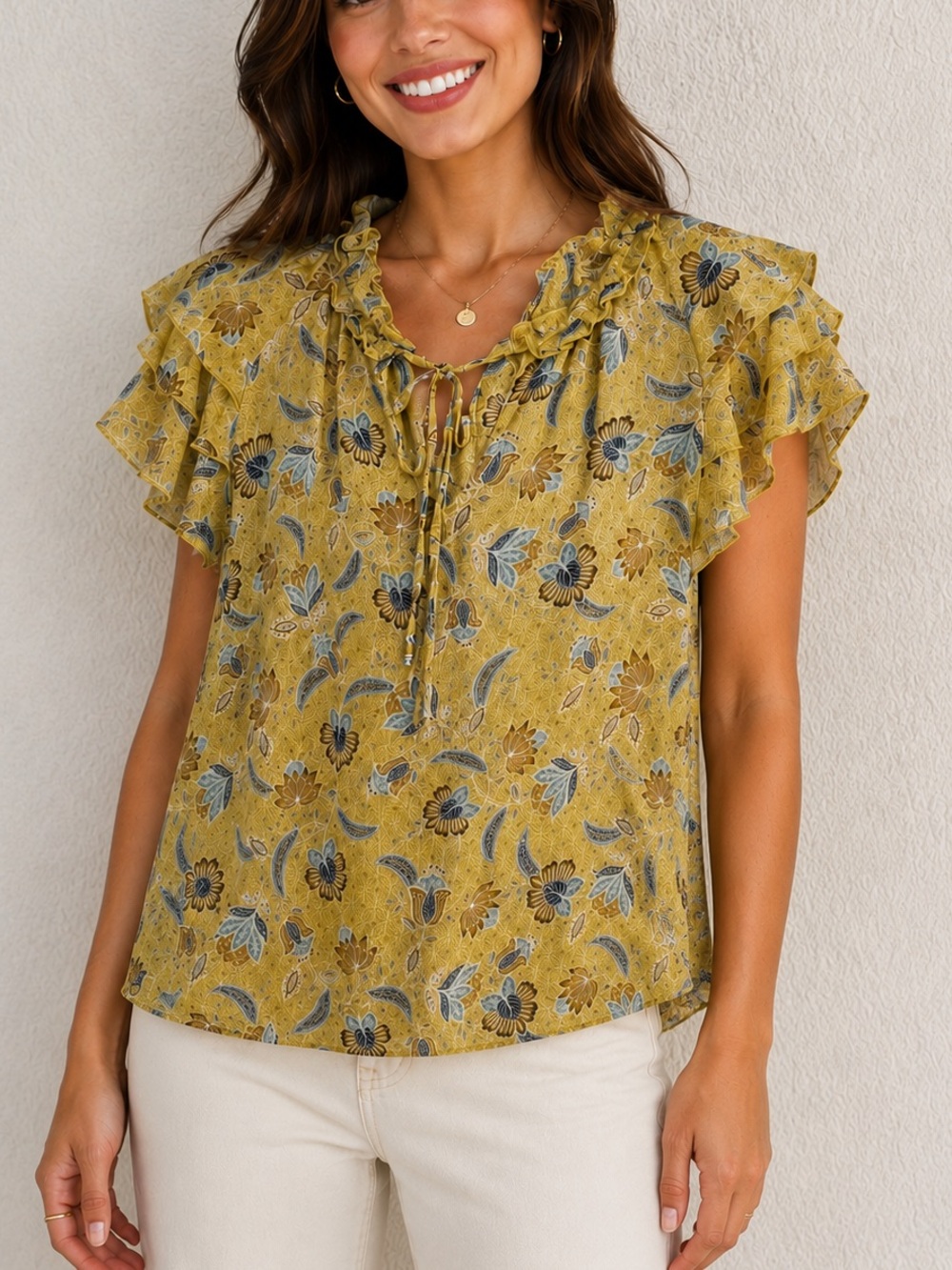 Joie Mustard Yellow Floral Ruffle Flutter Sleeve Tie Neck Blouse Boho Top M